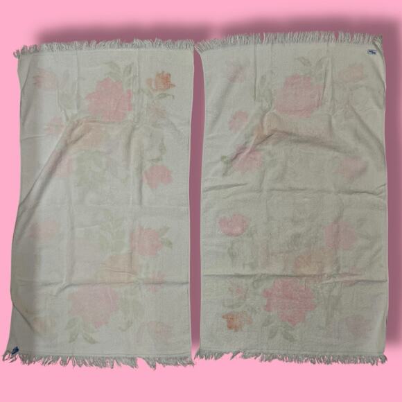 Vintage 60s Sun Glow Fuchsia Pink Orange Floral Bath Towel Set Pair Made in USA - Picture 3 of 13